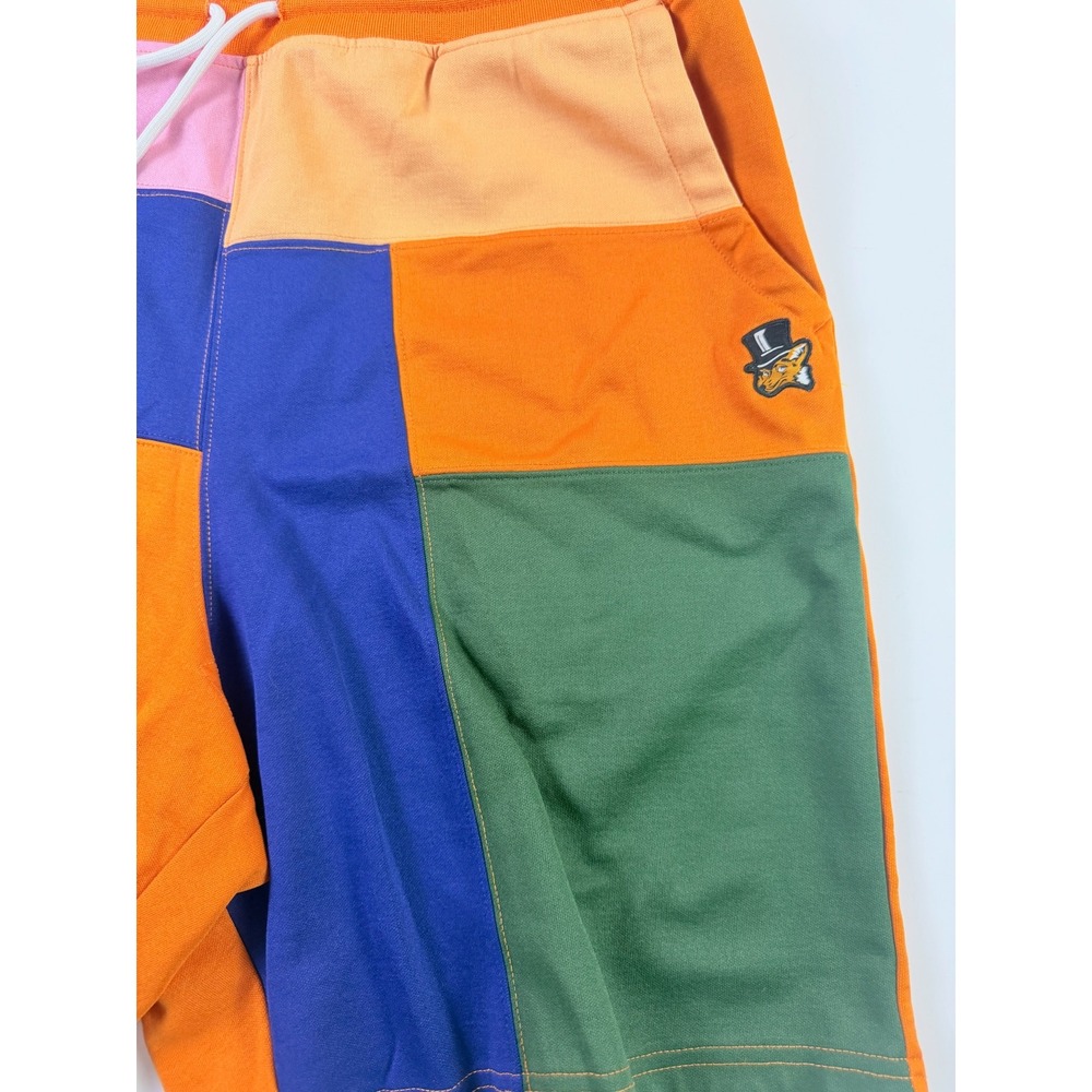 AKOO Mens Sweat Shorts Preppy Summer Patchwork Orange Green Blue XL Fox Top Hat - Picture 2 of 6